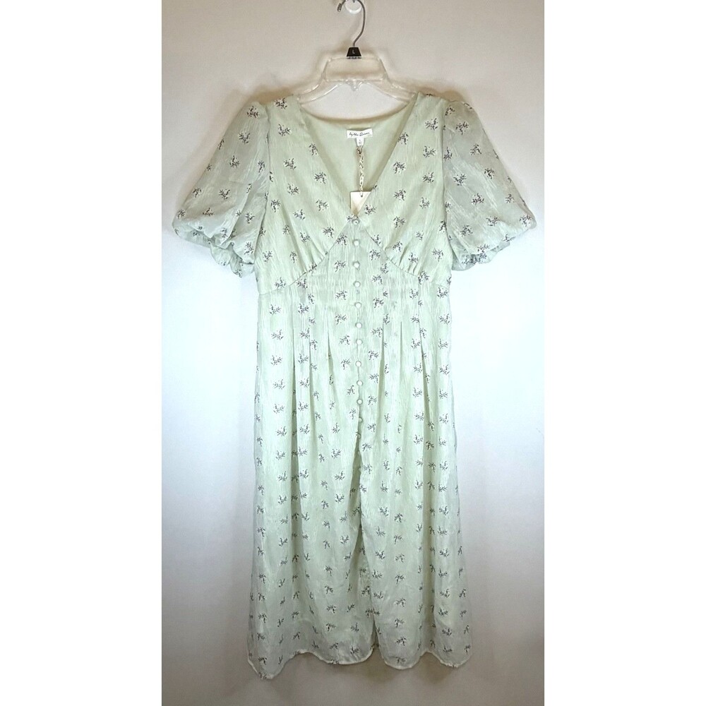 BY THE RIVER Mint Green SS Chiffon Dress Large Floral Midi Romantic Cottagecore